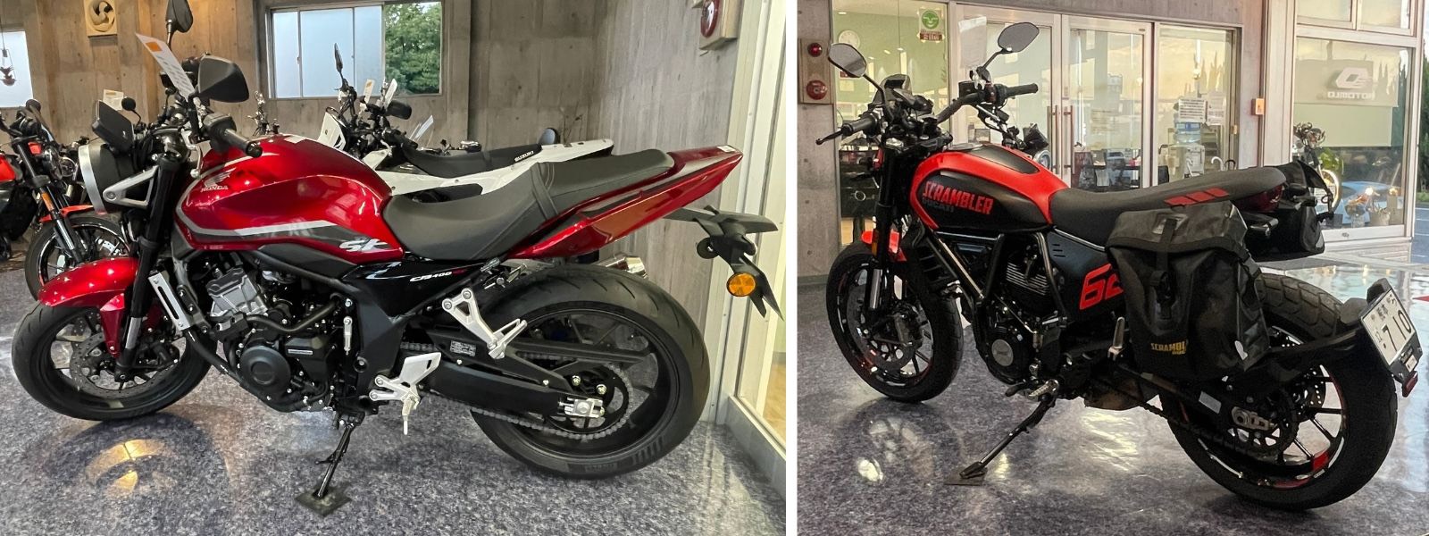 ホンダ CB400 スーパーフォアとドゥカティ スクランブラーフルスロットルの後方からの比較